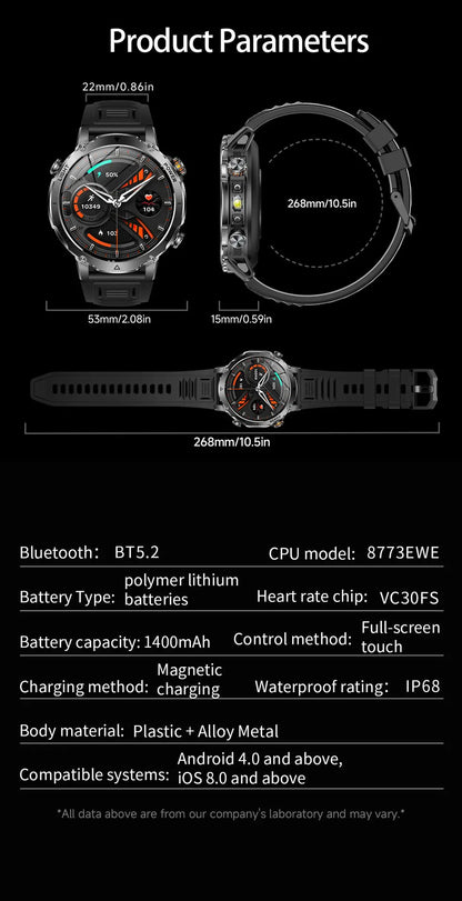 2026 1400mAh Big Battery Smart Watch Men Outdoor GPS Flashlight IP68 Waterproof Bluetooth Call AMOLED Military Sports Smartwatch