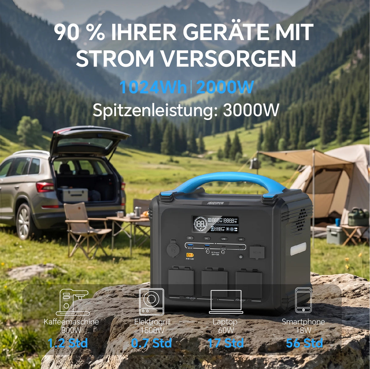 Portable Necespow S1210/S2000 2000W Power Station 3000W Peak, 1102.5Wh LiMnFePO₄ Battery MPPT Solar Generator, for Home Backup Outdoor Camping Mobile Power