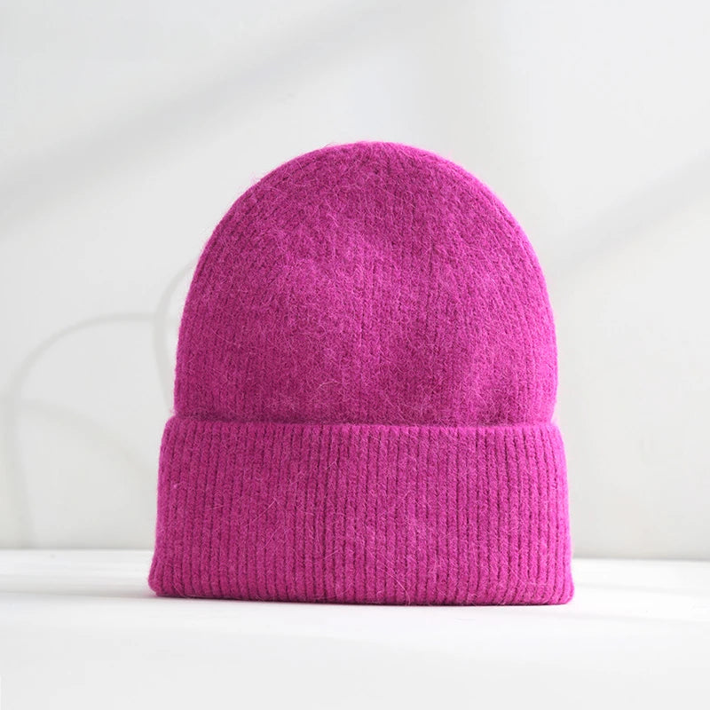 Fluffy Angora Hat Rabbit Fur Warm Winter hat For Womans Cashmere Wool Soft Beanies Blue Knitted Hat Outdoor Ski Female
