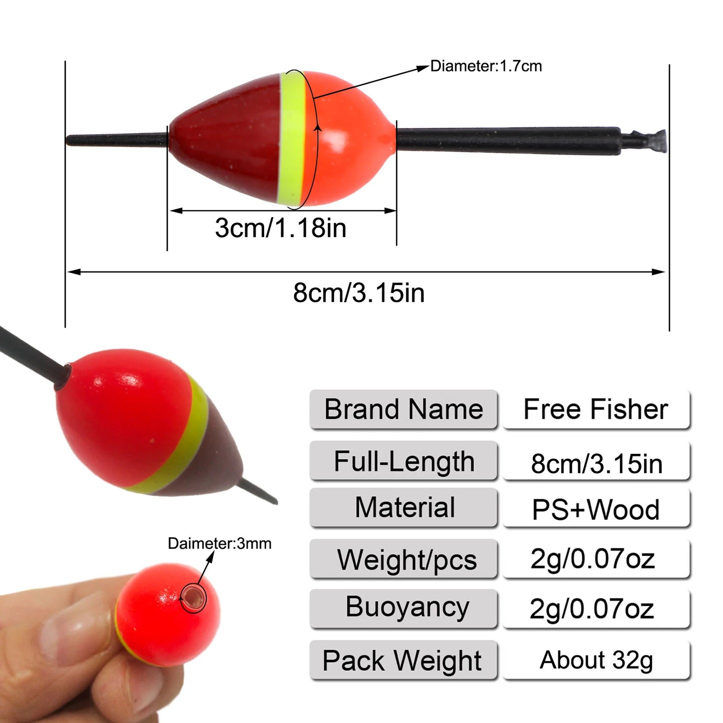 FREE FISHER 10pcs/Lot Lighted Fishing Floats,8cm Bobbers,Collection Cork Buoy Paulownia Wood Floats Plastic Stick Buoyancy 2g