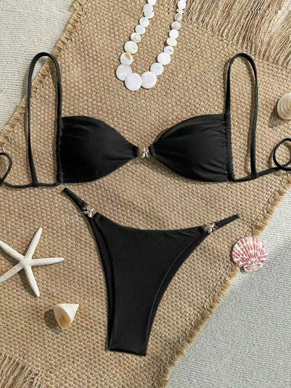 Cikini Women's Sexy Bikini Two Pieces Set Accessories Glossy Texture Special Fabric Solid Color Summer Beach Swimwear