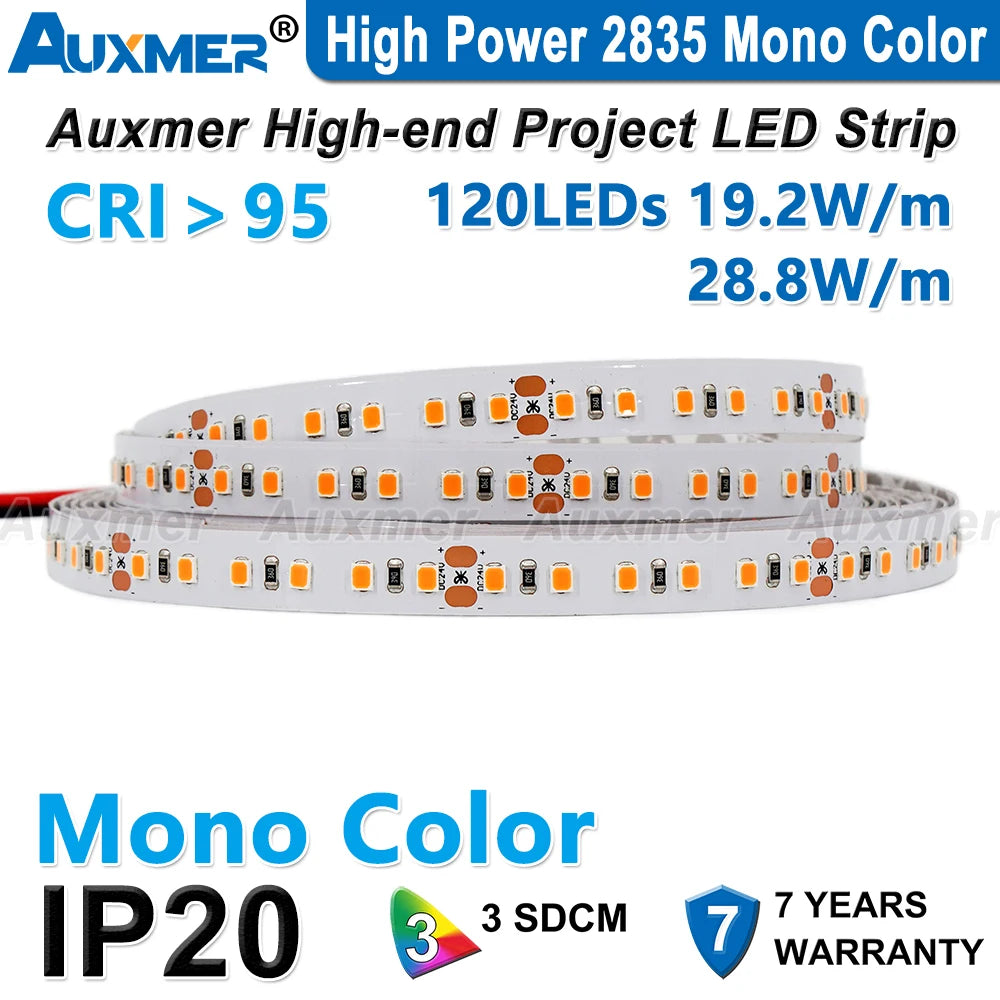 High Power 2835 LED Strip Lights,Mono Color,120LEDs/m 240LEDs/m,CRI＞95/90,3SDCM,Super Bright Flex LED DC12/24V,5m/reel,IP20