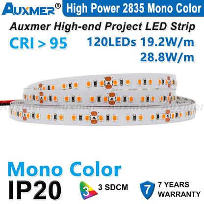 High Power 2835 LED Strip Lights,Mono Color,120LEDs/m 240LEDs/m,CRI＞95/90,3SDCM,Super Bright Flex LED DC12/24V,5m/reel,IP20
