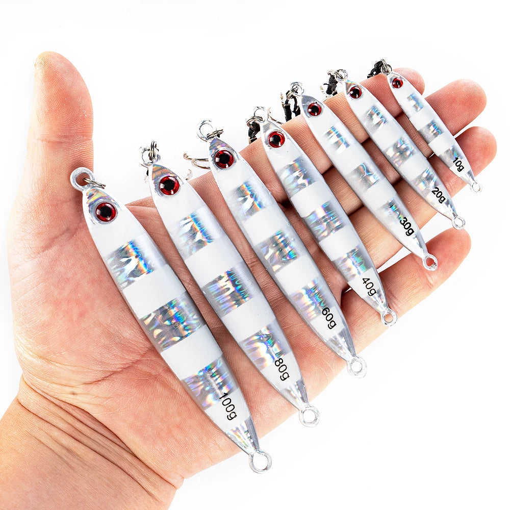 6Pcs Metal Jigging Lure 10-100g Slow Sinking Casting Bait 3D Eyes Luminous with Assist Hooks for Sea Fishing