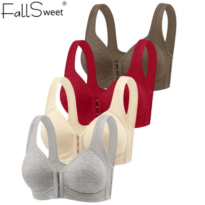 Fallsweet Seamless Front Closure Bra For Women Solid Wire-Free Push Up Bralette Full Coverage Fixed Cups Comfortable Underwear