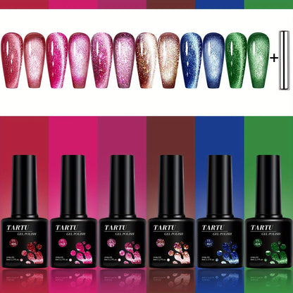 TARTU 6pcs 8ml Cat Eye Gel Nail Polish Set, 6 Colors Gel Polish Kit, Soak Off for Uv/Led, for Salon and Nail Art DIY At Home