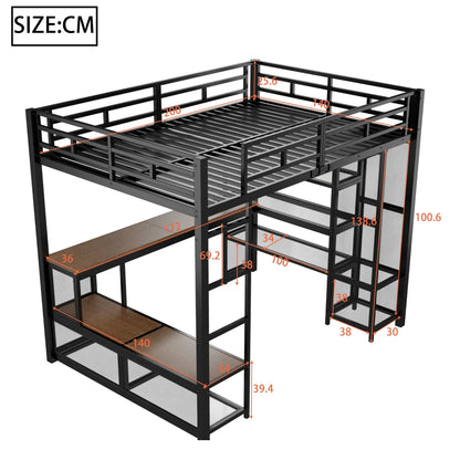140x200cm Metal High Bed with Storage and Open Wardrobe, Kids Bedroom Bed with USB Connector and LED Lighting, Black/white