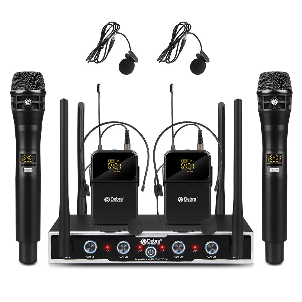 Debra DU4004 Wireless Conference Microphone System, UHF 4-channel, lavalier, headset, handheld microphone, for weddings, karaoke