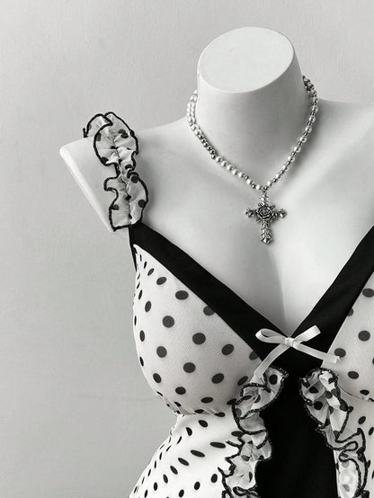 Plus Size Y2K Polka Dot Dress, Ruffle Trim Bow Front Cami Mini Dress, Sexy Sweet Coquette Style Party Dress for Women