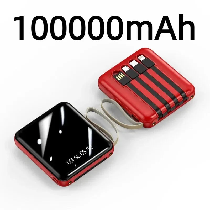 VIVO Mini Powerbank med 4 Inbyggda Kablar – Snabbladdning LED-display Dual USB Svart Vit Röd 50000/100000/200000mAh