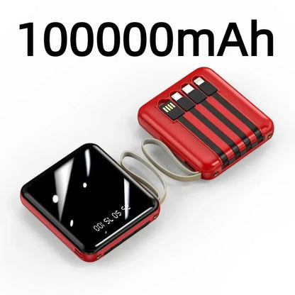 VIVO Mini Powerbank med 4 Inbyggda Kablar – Snabbladdning LED-display Dual USB Svart Vit Röd 50000/100000/200000mAh
