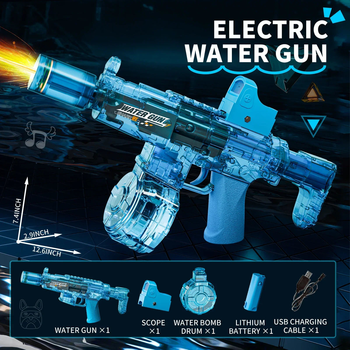 Elektrisk vattenpistol med automatisk funktion, rekyl och lampor