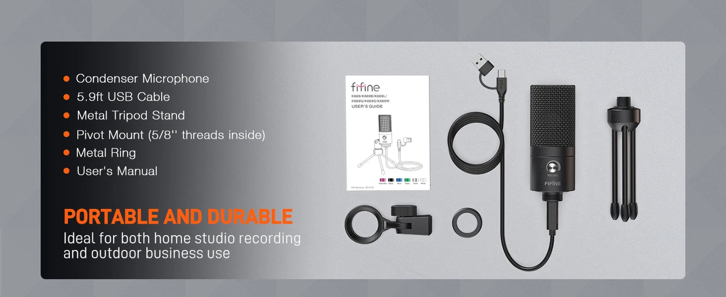 FIFINE Metal USB Condenser Microphone with Gain Knob,Newly Upgraded Detachable Dual-Joint Recording Mic for Laptop/PC-K669