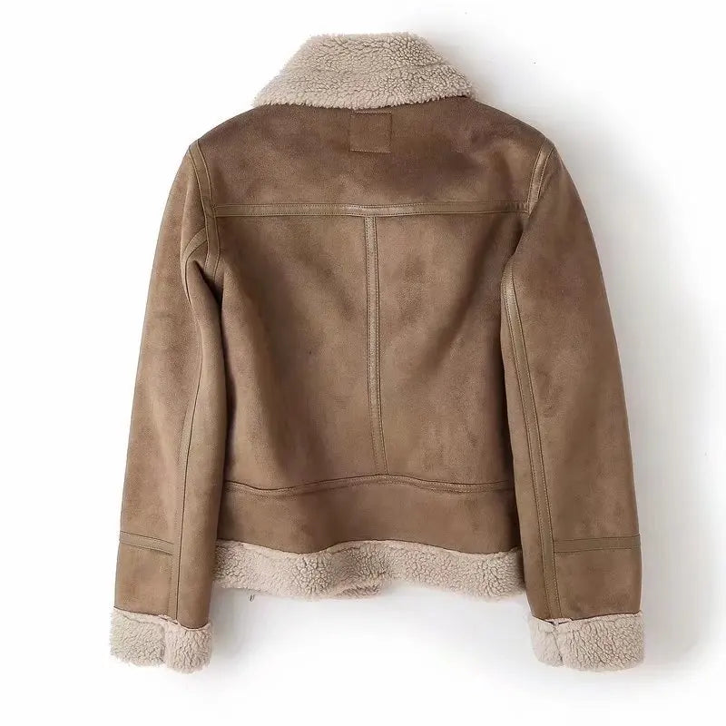 Varm Lammskinnsjacka Dam – Kort Motorcykelstil, Faux Shearling, Mocka, 2 Färger, XS–XL