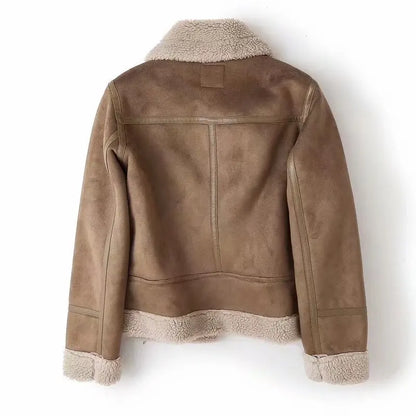 Varm Lammskinnsjacka Dam – Kort Motorcykelstil, Faux Shearling, Mocka, 2 Färger, XS–XL