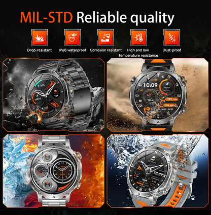 New 1400 mAh Battery Military Smartwatch Men IP68 Waterproof Flashlight Health Monitor Sports Call Smart Watch For iOS Android