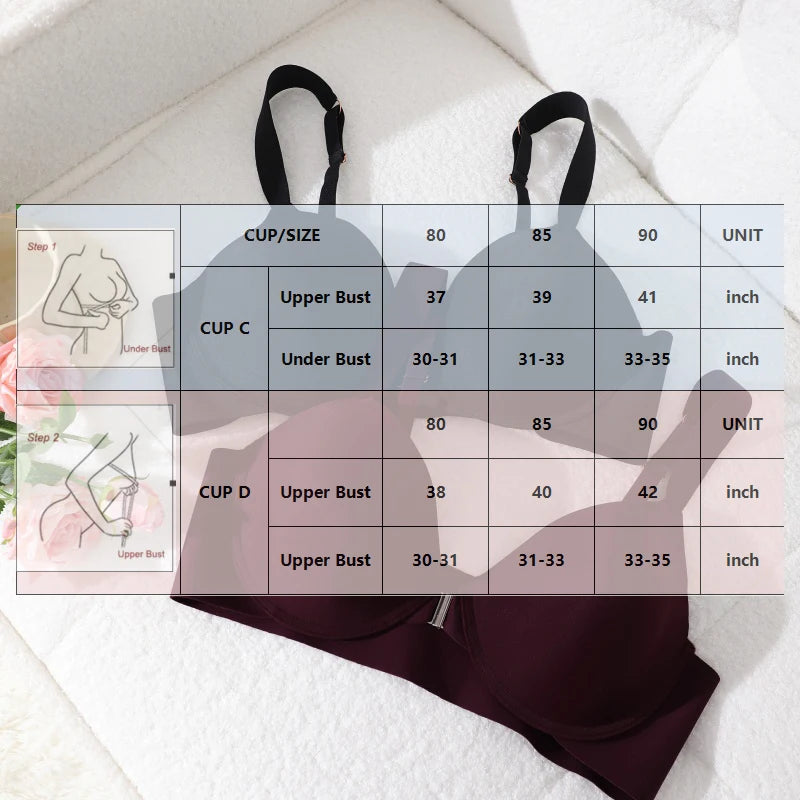 Seamless Push Up Bra Women Deep V Cup Underwear Front Closure Comfort Lingerie Adjustable Strap Plus Size Solid Color