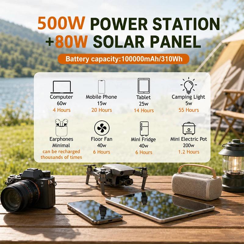 Portable Power Station 500W Optional 80W Rigid Solar Panel with 5m Extension Cable Outdoor Solar Generator for Camping RV Emergency Backup Power