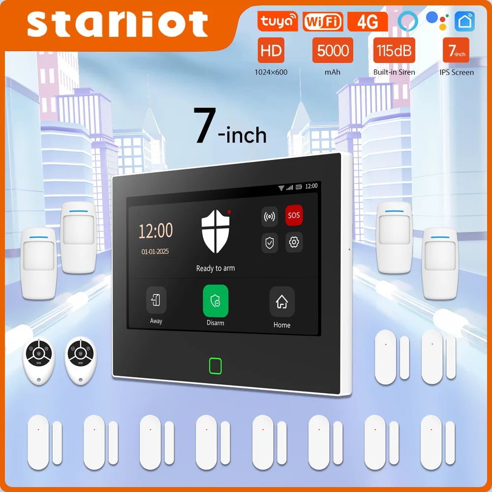 Staniot SecPanel 7" 4G WiFi Larmsystem – 5000mAh Batteri 120dB Siren Alexa Google 150 Zoner Tuya App 10 Språk CE RoHS