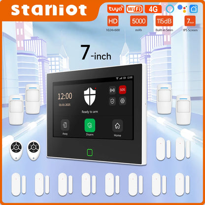 Staniot SecPanel 7" 4G WiFi Larmsystem – 5000mAh Batteri 120dB Siren Alexa Google 150 Zoner Tuya App 10 Språk CE RoHS