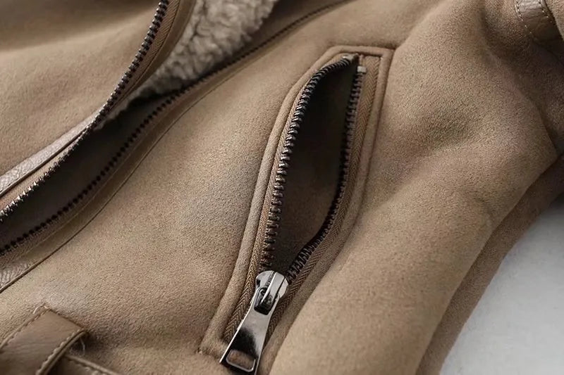 Varm Lammskinnsjacka Dam – Kort Motorcykelstil, Faux Shearling, Mocka, 2 Färger, XS–XL