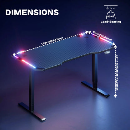Electric Height Adjustable Gaming Desk With RGB LED Strip Lights, Built-In Cup Holder Headset Hook Ergonomic Computer Game Table with Carbon Fiber Surface, 2 Memory Positions and 3 Sizes