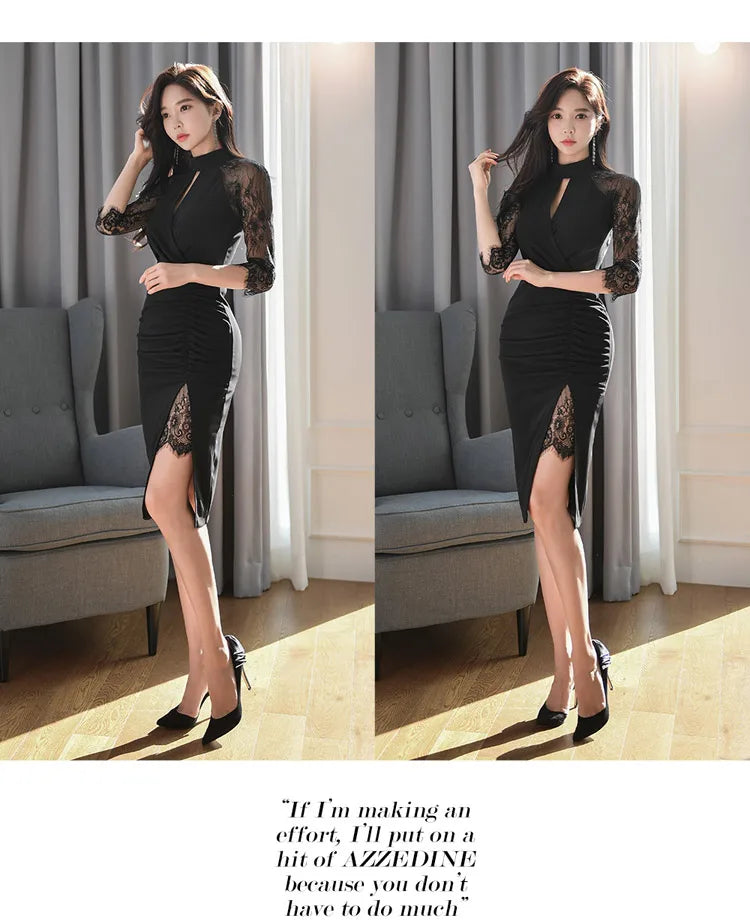 H Han Queen Hot Sale Elegant Fashion Lace Fold Split Pencil Dress Simple Series Dresses Women Korean Mid Office Casual Vestidos