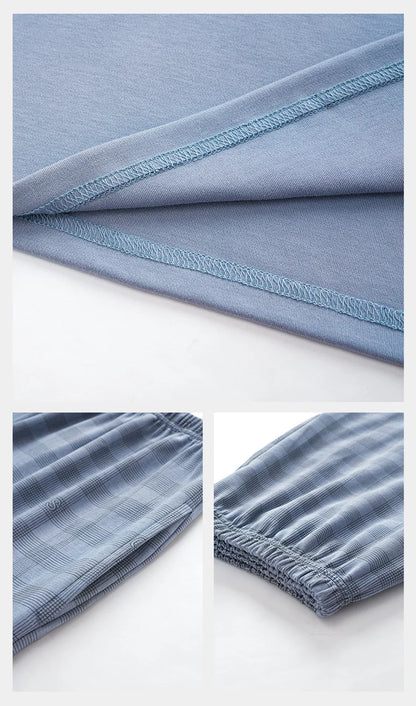 Antibacterial Cotton Pajamas for Men Summer Short Sleeve Shorts Long Pant Three-Piece Set Simple Solid Color Loose Homewear