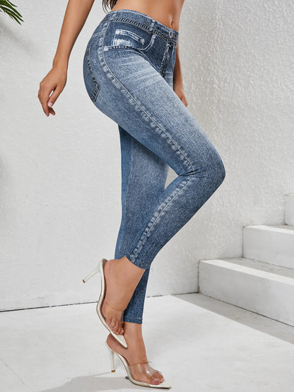 Women's Imitation Denim Leggings With Pockets High Stretchy Comfortable Tummy Control Fitness Gym Yoga Pants Daily Wear