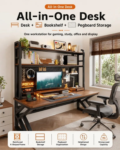 Gaming Desk with Bookshelf and Pegboard Computer Desk with Storage Shelf Home Office Study Desk for Bedroom Small Space