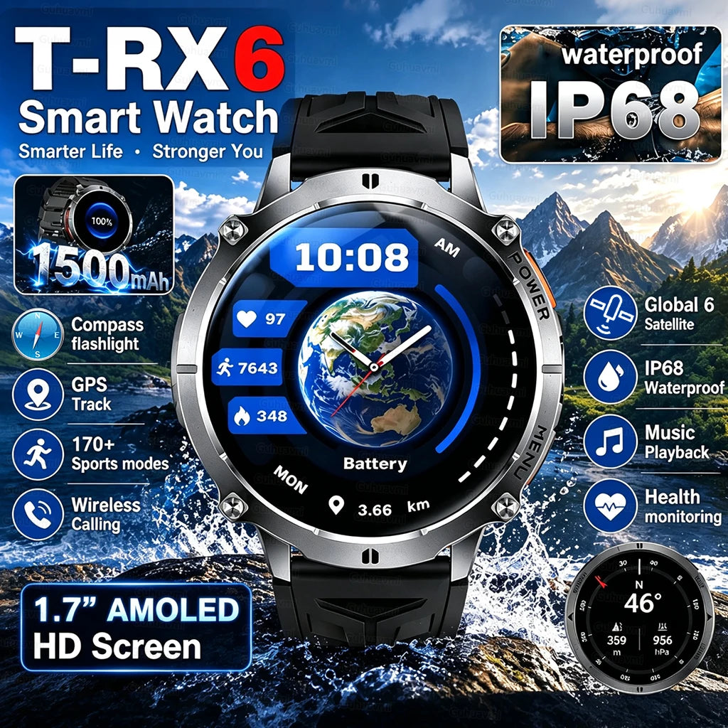 New T-RX6 Ultra Outdoor Sports Smart Watch GPS Compass  Barometer IP68 Waterproof Call Blood Oxygen Military Smartwatch For Men