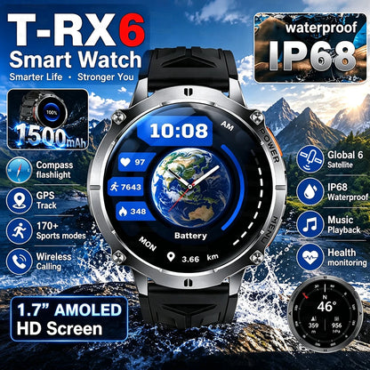 New T-RX6 Ultra Outdoor Sports Smart Watch GPS Compass  Barometer IP68 Waterproof Call Blood Oxygen Military Smartwatch For Men