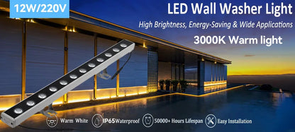 Burhui 12W LED Wall Wash-ljus Utomhus IP65 – Varmvit 3000K 50cm Aluminium Fasad Hotell Bro Trädgård 220V 1-pack / 2-pack