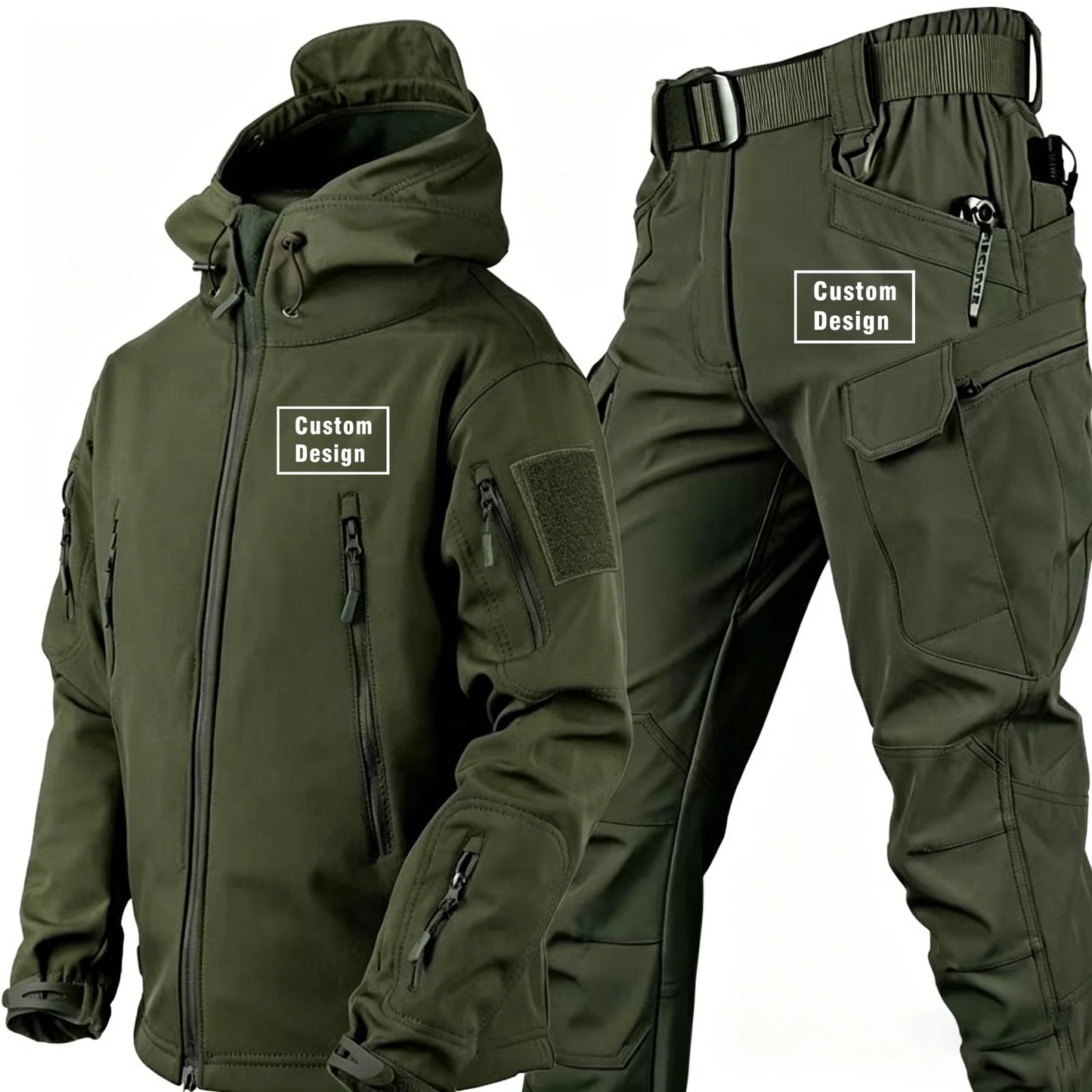 Herr Militär Softshell Set 2026 – Fleece Jacka + Byxor Outdoor, Grå/Svart/Khaki/Kamouflage S–4XL
