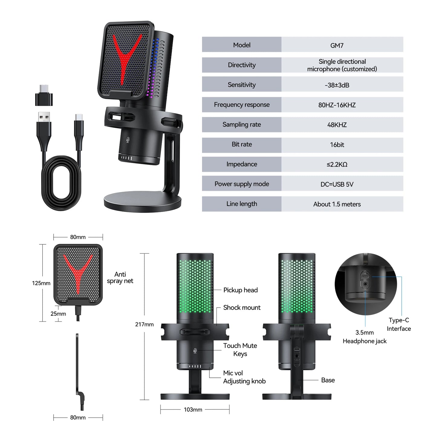 Gaming Microphone Professional Condenser Mic PC Laptop Computer Mike RGB USB Wired Studio Streaming Podcast Gamer Karaoke PC Kit