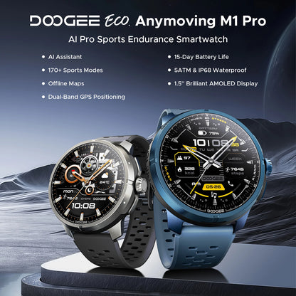 DOOGEE ANYMOVING M1 PRO Smart Watch 1.5" AMOLED Dual Band GPS Smart Watch with Offline Maps 170+ Sports Modes Fitness Watch 15-Day Battery AI Voice Assistant 5ATM Waterproof Outdoor GPS Watch