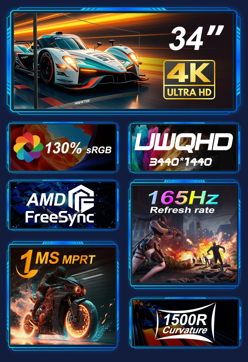 HGFRTEE B340Q Kurvig Gaming-skärm 34" WQHD – VA 3440x1440 165Hz 1500R 21:9 HDR 1ms Matt Yta HDMI