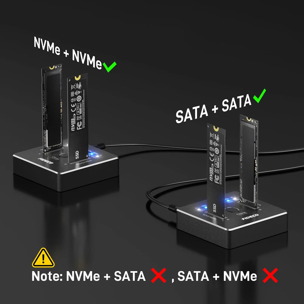 FIDECO NVMe SSD Enclosure 20Gbps Dual-Bay M.2 NVME SATA SSD Case Type-C Hdd Docking Station Supports Offline Clone for M.2 Case