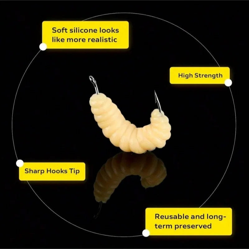 Rubber Maggots Fishing Bait Set with Hooks - Versatile Grub Lures for Bass,Trout,Crappie,Bluegill,Ideal for Freshwater Fishing