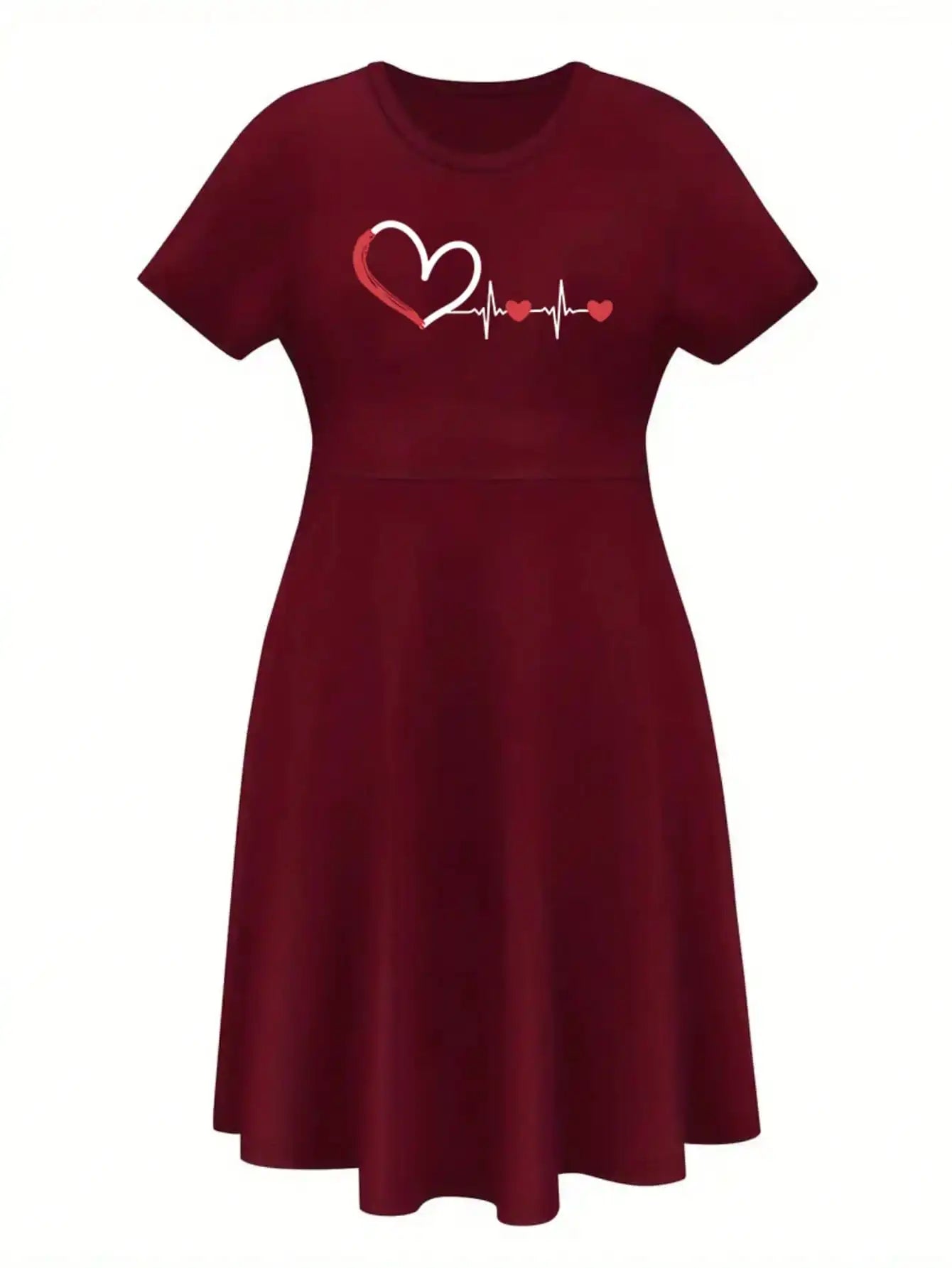 2026 Women's Four Seasons Love at First Sight Heartbeat Printed Casual Loose Black Short Sleeved Large Short Skirt Dress