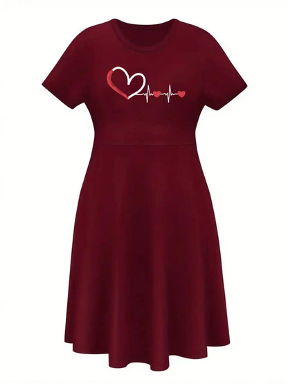 2026 Women's Four Seasons Love at First Sight Heartbeat Printed Casual Loose Black Short Sleeved Large Short Skirt Dress