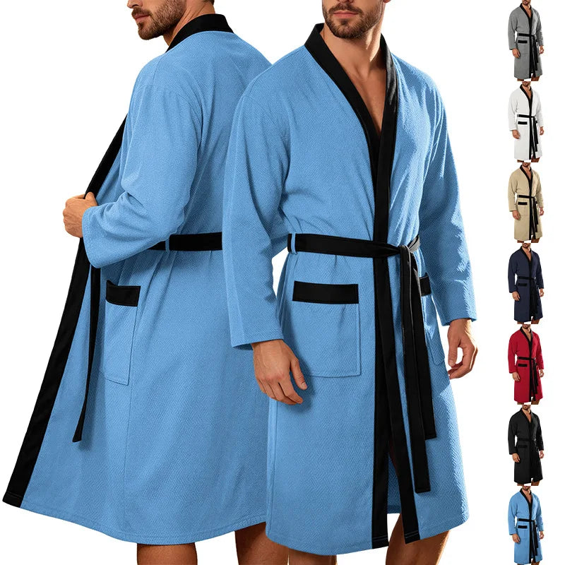 Men's Twill Fabric Long Bathrobe with Belt Design, Double Pockets, Casual Home Pajamas, Loose Fit, Hotel Resort Style, Nightwear