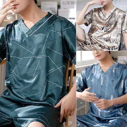 Herr Pyjamas Is-Silk – Kortärmad Tvådelad Lös Koreansk Stil, 3 Färger L–3XL