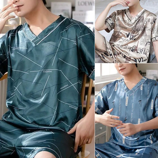 Herr Pyjamas Is-Silk – Kortärmad Tvådelad Lös Koreansk Stil, 3 Färger L–3XL