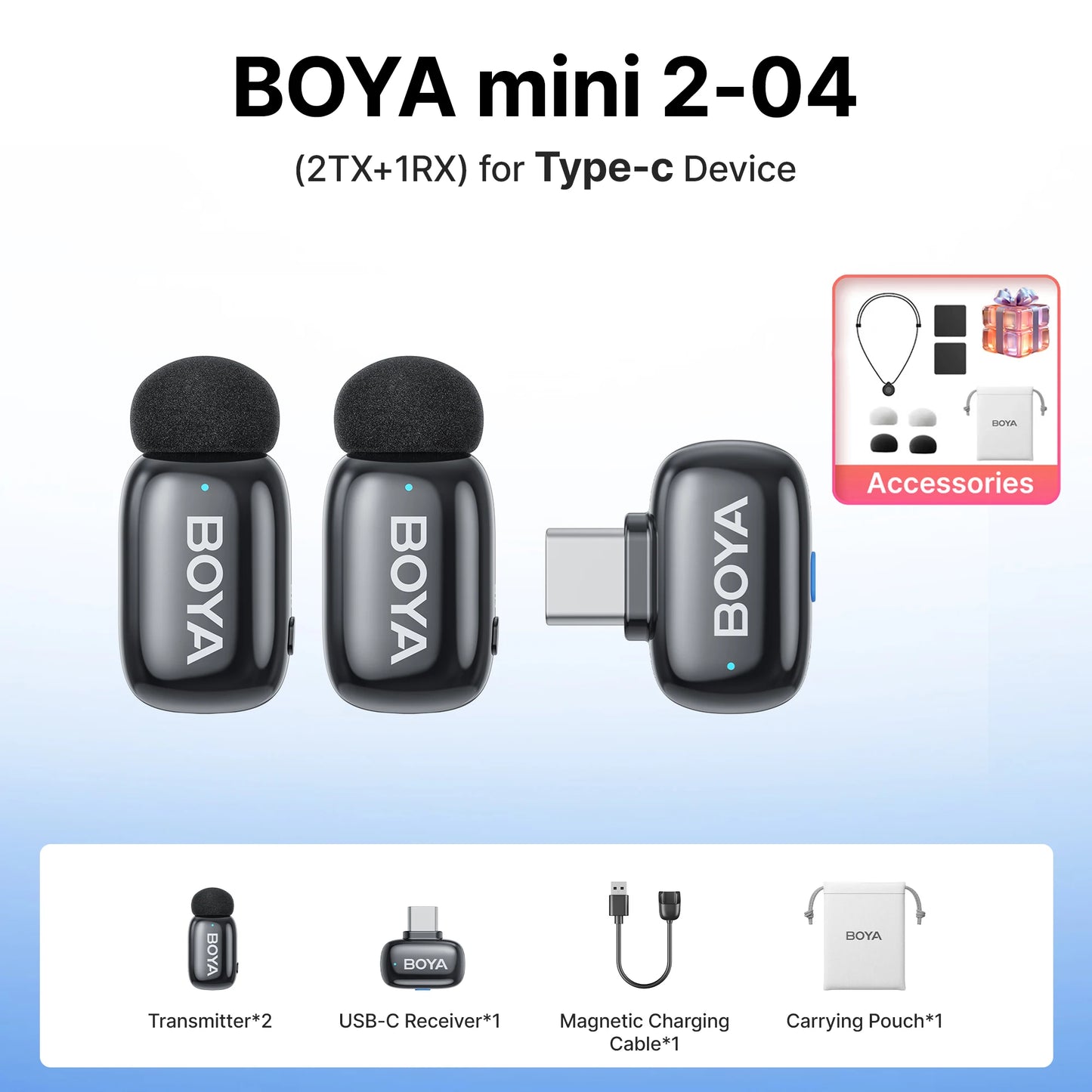 BOYA Mini 2 Wireless Lavalier Microphone AI Noise Reduction Mini Mic for iPhone 6-14/15-17 USB-C Android Phone Video Recording