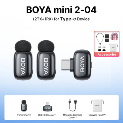 BOYA Mini 2 Wireless Lavalier Microphone AI Noise Reduction Mini Mic for iPhone 6-14/15-17 USB-C Android Phone Video Recording