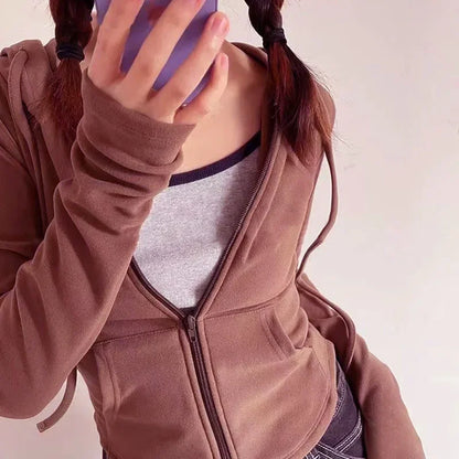 Lucyever Cropped Hooded Zip-Up Jacket Women Autumn New Slim Long Sleeve Y2K Sweatshirts Female Solid Streetwear Sports Hoodies