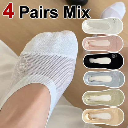 1/4/10 Pairs Women Breathable Mesh Invisible Socks Spring Summer Thin Soft Comfortable Silicone Anti Slip Cotton Casual Socks