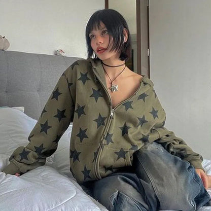 Sweatshirt Zip Up Hoodie Y2k Streetwear Loose Vintage Aesthetics Top Harajuku Jacket Casual Gothic Oversized Stars Print Clothes