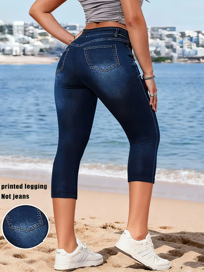 Printed Leggings - Non-Denim Fabric, Women's Summer Capri Leggings, Denim-Look Printed Leggings